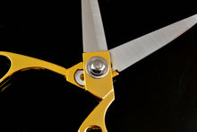 Load image into Gallery viewer, Close-up of heavy duty eZthings scissors with gold handles for cutting fabrics and crafts.