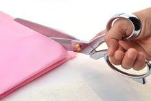 Load image into Gallery viewer, Heavy duty eZthings scissors cutting pink fabric, ideal for arts, crafts, and upholstery work, sharp blades for precision cutting.