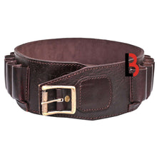Load image into Gallery viewer, Cowhide Leather Shotshell Bandolier Belt Shotgun Shell Belt Ammunition Carrier in brown with buckle, holds 20 shells