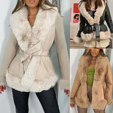 Charger l'image dans la galerie, Collage of three women wearing Autumn/Winter PU leather coats with fur collars and lace-up waists in beige and black colors.