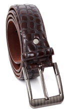 Charger l'image dans la galerie, Dark brown crocodile-embossed leather belt with silver-tone metal buckles on a plain white background.