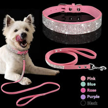 Load image into Gallery viewer, Pink leather dog collar and leash set with sparkling details, featuring a happy dog wearing the collar, available in various colors.