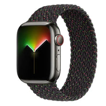 Load image into Gallery viewer, Black braided nylon strap for Apple Watch displayed on a compatible 44mm iWatch Series 7, showcasing flexible and stylish design.