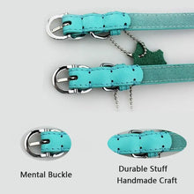 Cargar imagen en el visor de la galería, Turquoise genuine leather dog collar with durable metal buckle and handmade craftsmanship features.