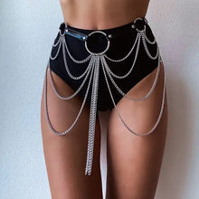 Cargar imagen en el visor de la galería, Goth leather body harness chain bra showcasing intricate chain design, adding a bold gothic edge to any outfit.