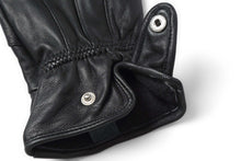 Load image into Gallery viewer, Reed Men's Genuine Leather Driving Gloves with warm lining and touchscreen capability, shown in black with silver button detail.