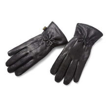 Load image into Gallery viewer, Black genuine leather warm lined women's driving gloves with decorative bow, ideal for cold weather and stylish adventures.
