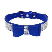 Load image into Gallery viewer, Blue adjustable leather pet collar with bowknot and rhinestones for puppies and cats, providing style and comfort.
