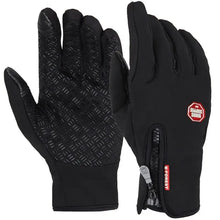 Load image into Gallery viewer, Pair of black touchscreen compatible unisex gloves with textured grip and zipper, ideal for using devices in cold weather.