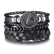 Cargar imagen en el visor de la galería, VNOX braided wrap leather bracelet set with spade charm and beads, vegan leather, rugged style for men.