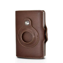 Load image into Gallery viewer, Brown leather Airtag wallet with secure money bag slot, providing stylish protection and organization for cards and cash.