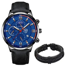 Load image into Gallery viewer, Men's casual leather watch with blue dial and black band, accompanied by black braided bracelet, showcasing timeless elegance.