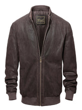 Load image into Gallery viewer, REED Men's imported suede leather baseball jacket with durable design and classic style, perfect for fall and spring wear.