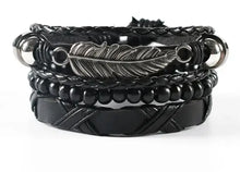 Cargar imagen en el visor de la galería, Vnox 4Pcs vegan leather and zinc alloy wrap bracelet set with ethnic feather and braided design for men.