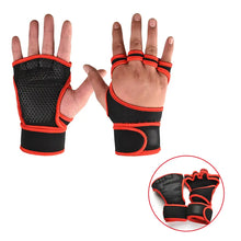 Load image into Gallery viewer, Weightlifting training gloves with enhanced grip technology for secure and stable workout performance, black and red design.