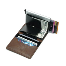 Load image into Gallery viewer, RFID-blocking leather credit card holder for men with cash and cards, showcasing sleek design and vegan leather material.