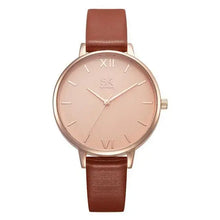 Load image into Gallery viewer, Luxury watch with brown leather strap, rose gold face, and Roman numerals, offering timeless elegance and precision on your wrist.