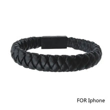 Charger l'image dans la galerie, Black vegan leather bracelet style USB charging cable for iPhone, stylish and portable tech accessory for modern users.