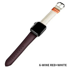 Charger l'image dans la galerie, Wine red and white leather band for Apple Watch on a white background