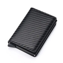 Load image into Gallery viewer, Sleek credit card holder for men with RFID-blocking, made from black vegan leather. Stylish and secure design for everyday use.