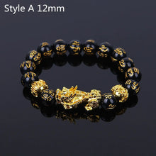Load image into Gallery viewer, Feng Shui Wealth Bracelet with Black Beads and Gold Pixiu Charm, Style A 12mm, for Attracting Prosperity and Luck