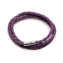 Load image into Gallery viewer, Purple braided PU leather bracelet with silver clasp, vegan fashion accessory.