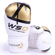 Load image into Gallery viewer, Premium PU leather adults kickboxing gloves with adjustable wrist strap for training, featuring gold and white design.