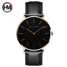 Load image into Gallery viewer, Rose Gold Dial Leather Watch with black face and genuine leather strap, featuring minimalist design and luxurious finish.