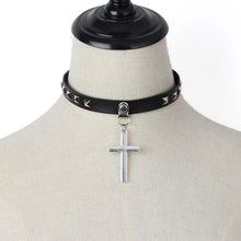 Load image into Gallery viewer, Harajuku oversized choker necklace with PU leather, punk-inspired design, and 5cm cross pendant. Unisex accessory for bold style.