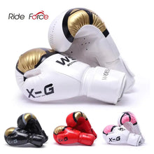 Load image into Gallery viewer, Premium adults kickboxing gloves in white, red, black, and pink with adjustable wrist strap and breathable design for pro training.