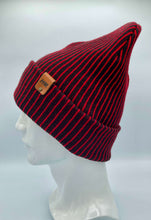 Load image into Gallery viewer, HAAKWEAR Cuffed Wide Ribbed Striped Beanie Hat, Black Red, Limited Edition - Made in USA