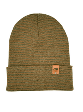 Load image into Gallery viewer, HAAKWEAR Traditional Contrast Cuffed Beanie Hat - Brown / Green, Made in USA, cozy and stylish winter accessory, top view