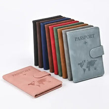 Load image into Gallery viewer, Vegan leather passport and card holders in assorted colors, featuring world map design, ideal for stylish and organized travel.