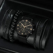 Charger l'image dans la galerie, Men's business watch set with black leather and bead accessories for sophisticated style