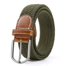 Load image into Gallery viewer, Elastic leather belt with alloy buckle in olive green, vegan leather, stylish and comfortable fit, ideal for everyday wear.