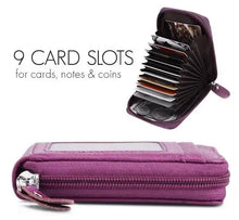 Load image into Gallery viewer, Purple zipper card wallet with 9 slots for cards, notes, and coins, highlighting its compact and stylish design for everyday use.