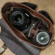 Load image into Gallery viewer, Open view of The Faust Leather Camera Bag | Crossbody Vintage Camera Messenger Bag with DSLR cameras inside.