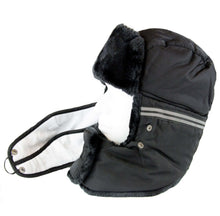 Load image into Gallery viewer, Black unisex trooper hat with faux fur lining, velcro chin strap, and snap-on removable face mask for winter cold protection.