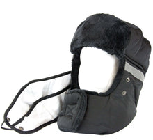 Load image into Gallery viewer, Unisex black faux fur trooper hat with velcro chin strap and removable face mask on white background.