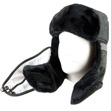 Load image into Gallery viewer, Unisex winter trooper hat with faux fur and removable face mask on mannequin, black chin strap highlighted, ideal for cold weather.