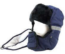 Load image into Gallery viewer, Dab unisex faux fur chin strap winter trooper hat with removable face mask, navy blue color, designed for cold weather.