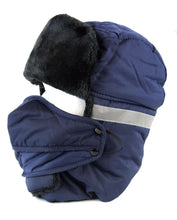 Load image into Gallery viewer, Dab unisex winter trooper hat with removable faux fur face mask and chin strap, navy color, suitable for cold weather, one size.