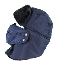 Load image into Gallery viewer, Unisex winter trooper hat with faux fur lining, removable face mask, and chin strap in navy blue.