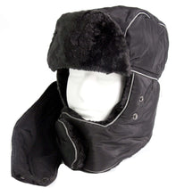 Load image into Gallery viewer, Alex unisex ushanka faux fur windproof trapper aviator hat with removable mask, black, displayed on a mannequin.