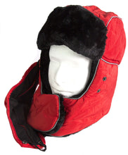 Load image into Gallery viewer, Red Alex unisex ushanka trapper hat with black faux fur lining and removable mask, displayed on a mannequin.