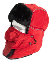 Load image into Gallery viewer, Red unisex trapper hat with faux fur lining and removable mask, designed for windproof warmth and comfort, head circumference 24 inches.