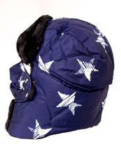 Load image into Gallery viewer, Blue Alex Unisex Ushanka with star pattern, faux fur lining, and removable mask for warmth and wind protection.