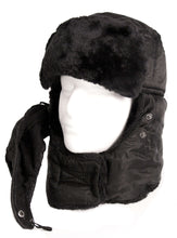 Load image into Gallery viewer, Black unisex ushanka trapper hat with faux fur lining and removable face mask, designed for warmth and wind protection.