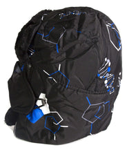 Load image into Gallery viewer, Alex Unisex Ushanka Faux Fur Windproof Trapper Hat with Removable Mask in black and blue geometric pattern, side view.