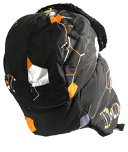 Load image into Gallery viewer, Alex unisex black trapper hat with geometric pattern, faux fur lining, and removable mask, ideal for winter warmth.